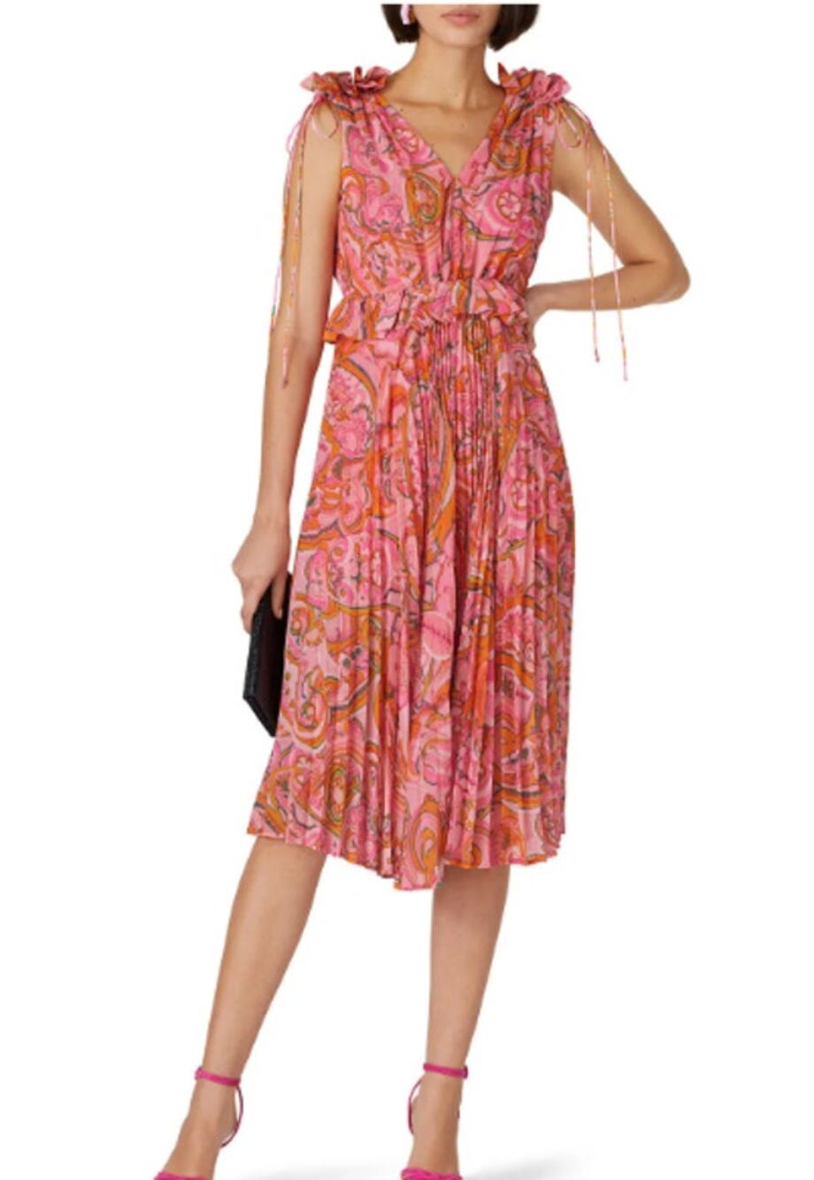 Delfi Collective Lilah Midi Dress Pink Orange Floral Sleeveless Tie Medium